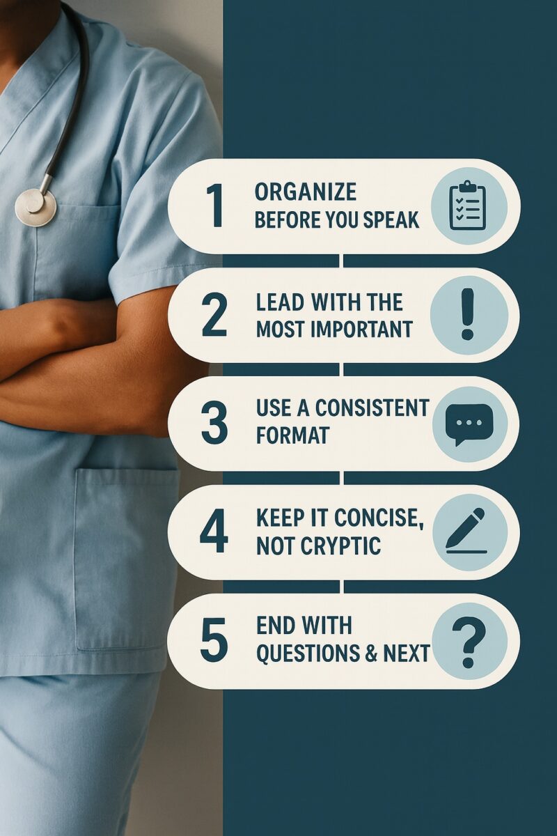 A nurse in blue scrubs stands with arms crossed next to a step-by-step infographic listing five tips for giving an effective shift change report: organize before you speak, lead with the most important, use a consistent format, keep it concise not cryptic, and end with questions and next steps.