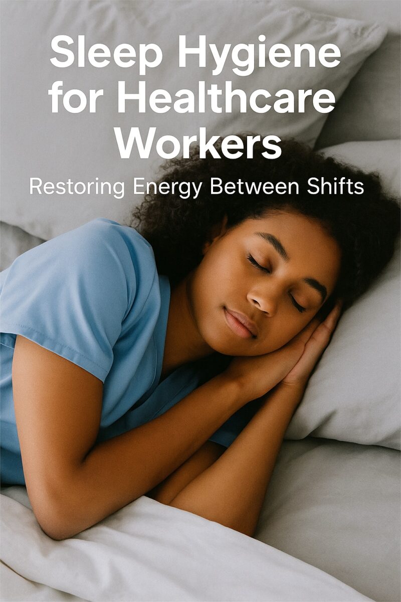 A healthcare worker in blue scrubs rests peacefully in bed with eyes closed, illustrating the importance of sleep hygiene and restoring energy between shifts.