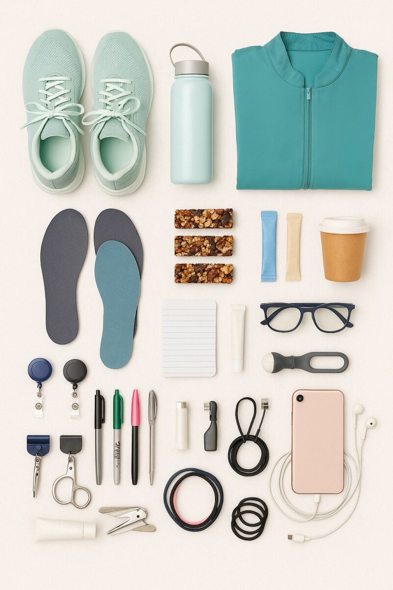 Flat lay of nurse shift essentials including teal sneakers, a teal scrub jacket, water bottle, coffee cup, granola bars, pens, highlighters, scissors, notepad, stethoscope accessories, phone with earbuds, badge reels, cables, eyeglasses, and personal care items.