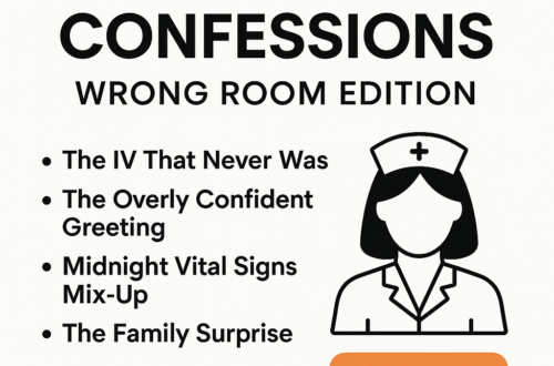 “Promotional graphic for blog post ‘Nursing Confessions: Wrong Room Edition’ with humorous scenarios like IV mix-ups and vital signs mistakes, featuring a nurse illustration and a ‘Read More’ button.”