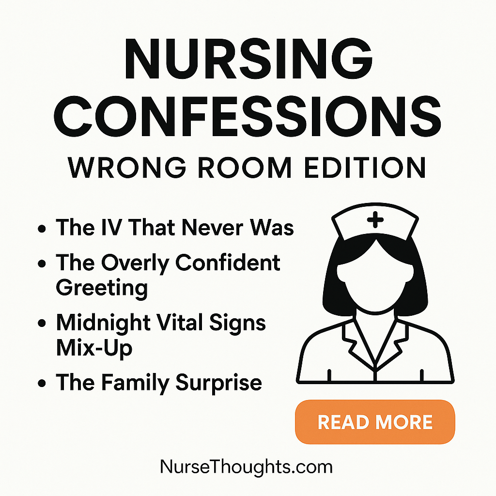 “Promotional graphic for blog post ‘Nursing Confessions: Wrong Room Edition’ with humorous scenarios like IV mix-ups and vital signs mistakes, featuring a nurse illustration and a ‘Read More’ button.”