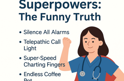 “Humorous promotional graphic for blog post ‘If Nurses Had Superpowers: The Funny Truth,’ featuring a nurse in scrubs with a red cape and a list of funny imagined powers like silencing alarms and endless coffee.”