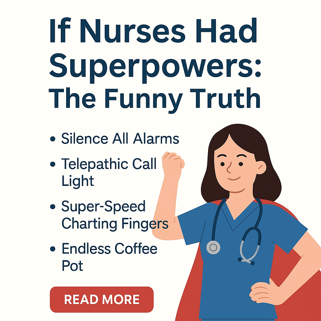 “Humorous promotional graphic for blog post ‘If Nurses Had Superpowers: The Funny Truth,’ featuring a nurse in scrubs with a red cape and a list of funny imagined powers like silencing alarms and endless coffee.”