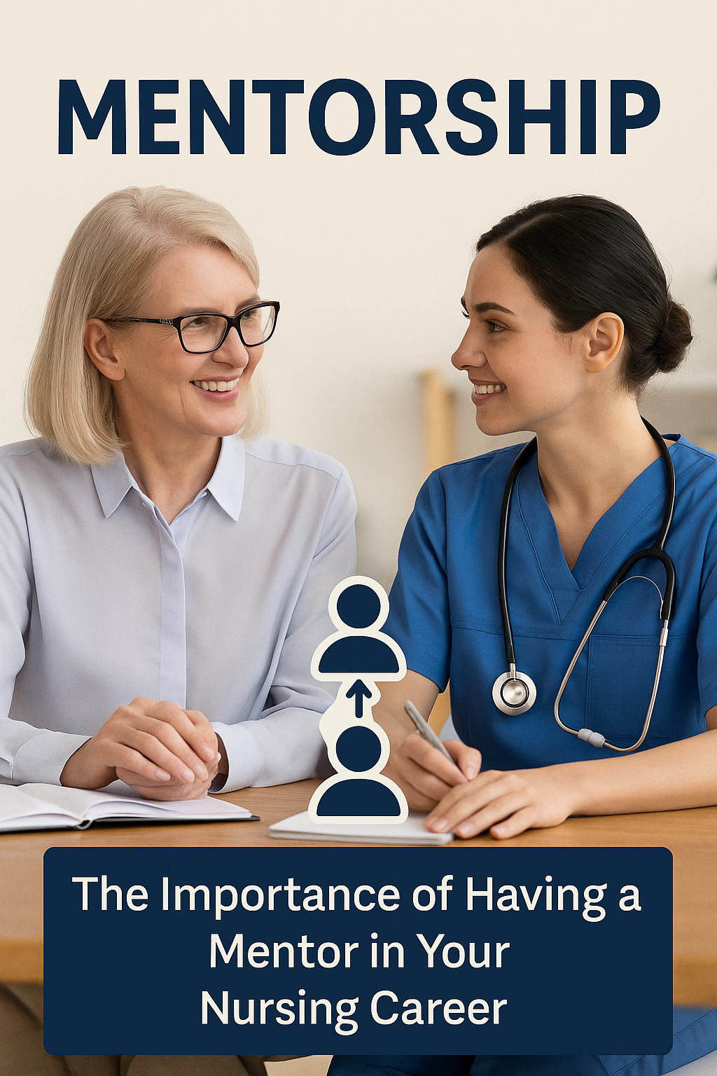 A nurse mentor and mentee sit together at a table, smiling and talking, symbolizing the importance of mentorship in nursing.