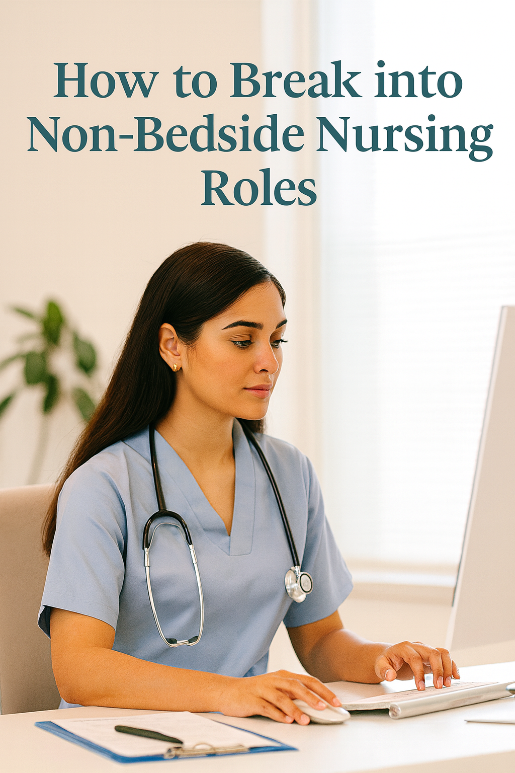 Nurse in light blue scrubs with stethoscope working on a computer in a bright office, representing non-bedside nursing career roles.