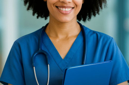 Smiling nurse in blue scrubs with stethoscope and clipboard, representing career-boosting nursing certifications in 2025.