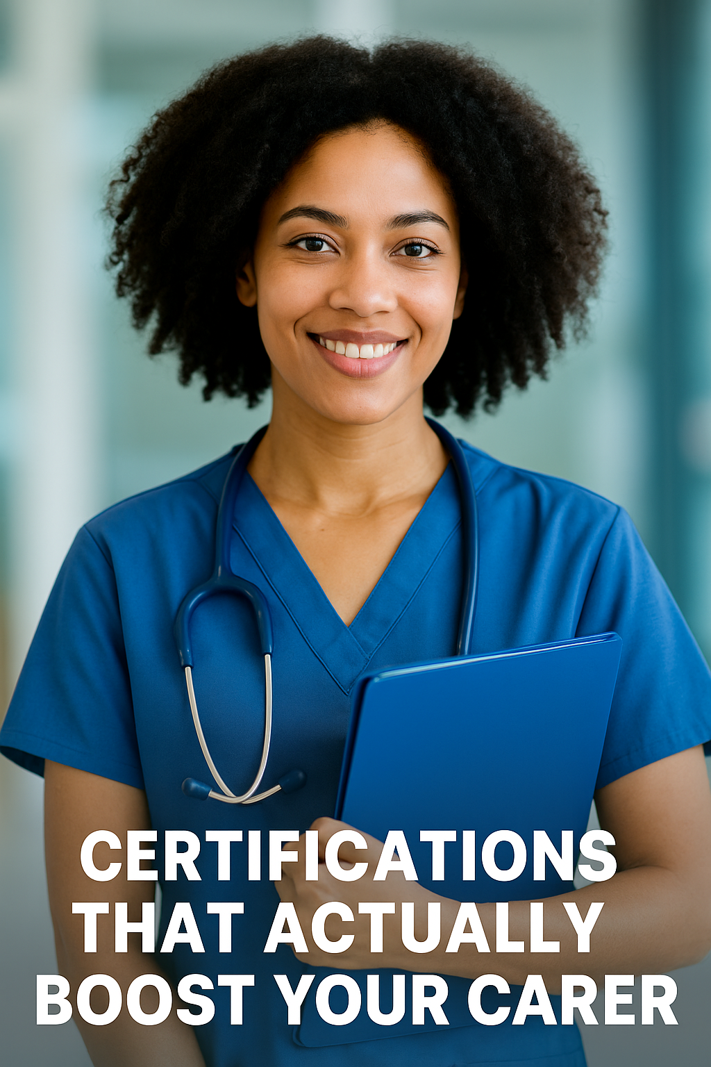 Smiling nurse in blue scrubs with stethoscope and clipboard, representing career-boosting nursing certifications in 2025.