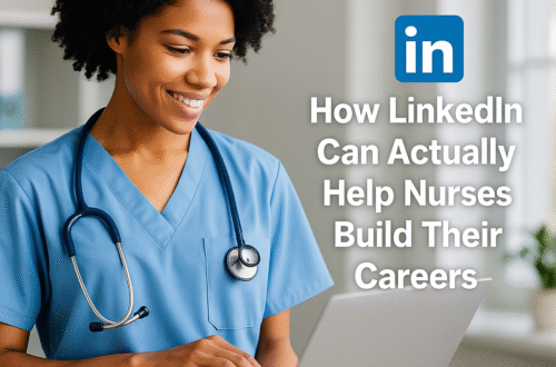 Smiling nurse in blue scrubs using a laptop, symbolizing how LinkedIn helps nurses build careers through networking and recruiter visibility.