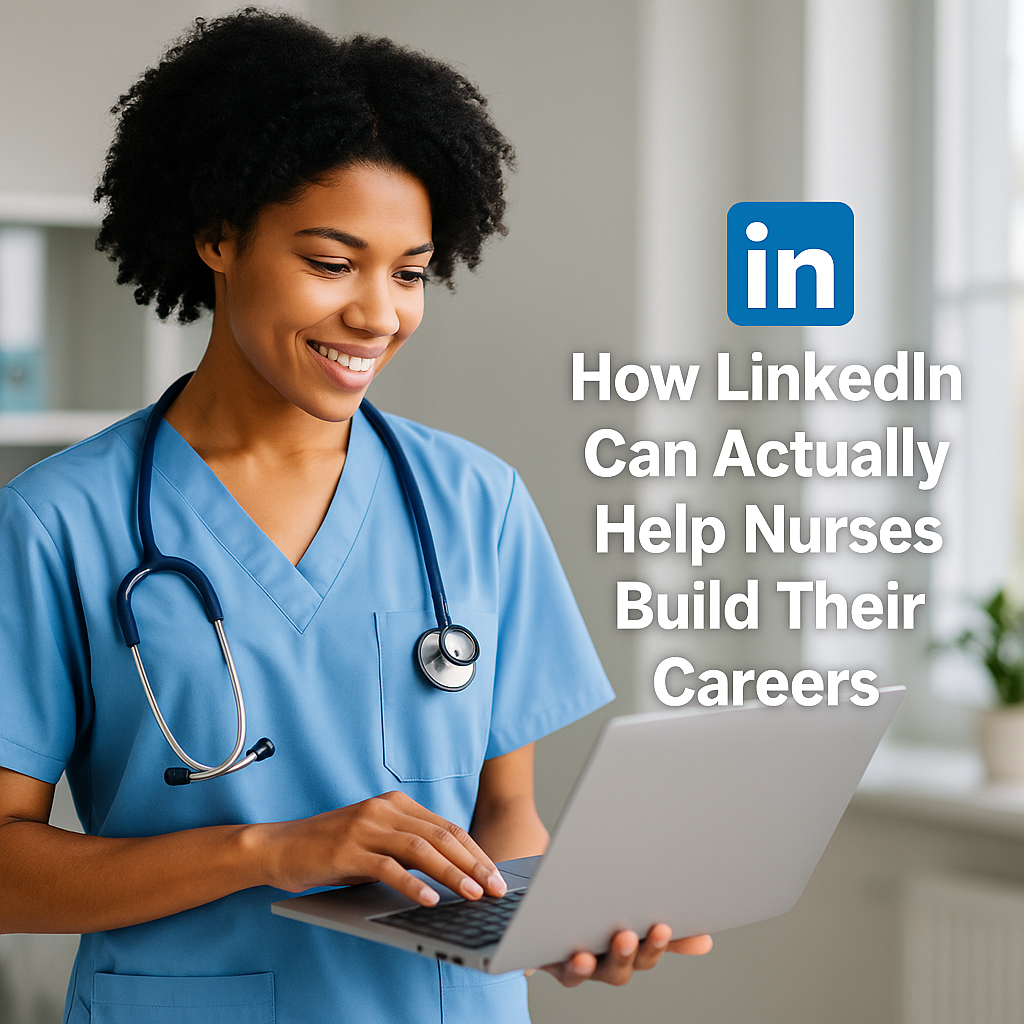 Smiling nurse in blue scrubs using a laptop, symbolizing how LinkedIn helps nurses build careers through networking and recruiter visibility.