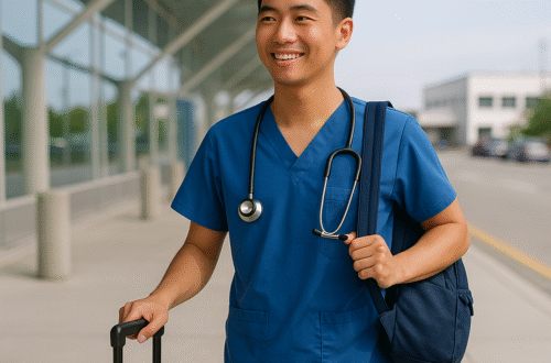 Asian male nurse in blue scrubs with a stethoscope, smiling while holding a rolling suitcase outside an airport terminal, symbolizing travel nursing in 2025.