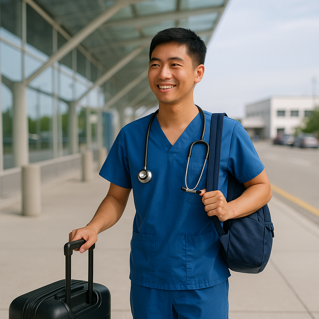 Asian male nurse in blue scrubs with a stethoscope, smiling while holding a rolling suitcase outside an airport terminal, symbolizing travel nursing in 2025.