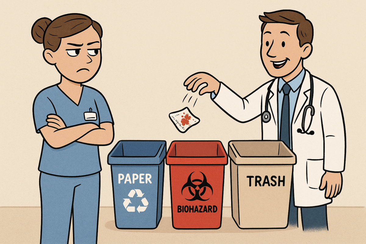 A nurse in scrubs gives an exasperated side-eye as a doctor carelessly tosses medical waste into the wrong bin inside a hospital room.