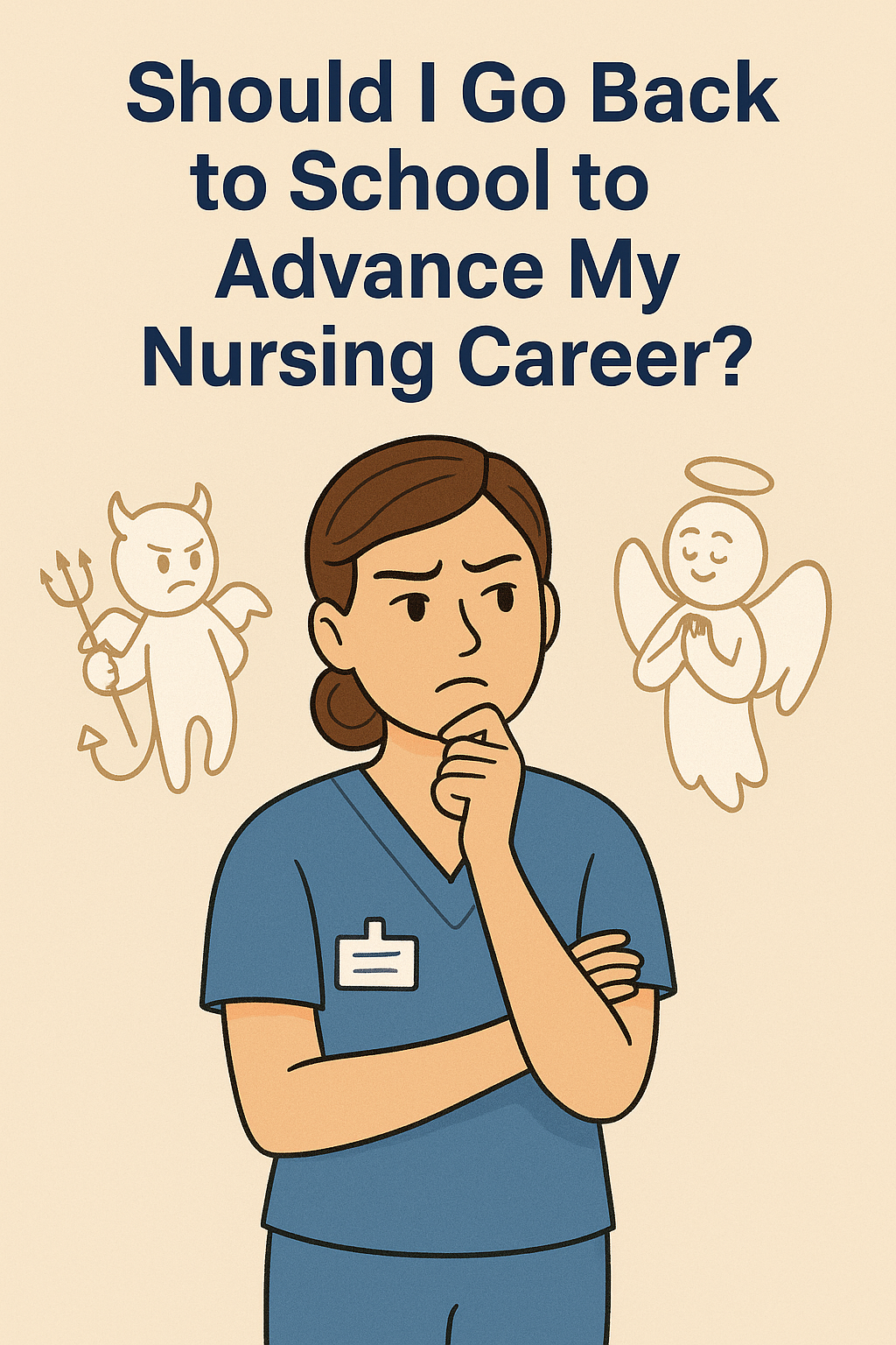 Digital illustration of a nurse standing at a crossroads sign. One direction points to “RN Life” with icons like a stethoscope, coffee cup, and paperwork, while the other points to “Advanced Nursing Career” with symbols such as a graduation cap, NP/CRNA initials, textbooks, and a dollar sign. The nurse looks uncertain but amused, holding a coffee in one hand and books in the other.