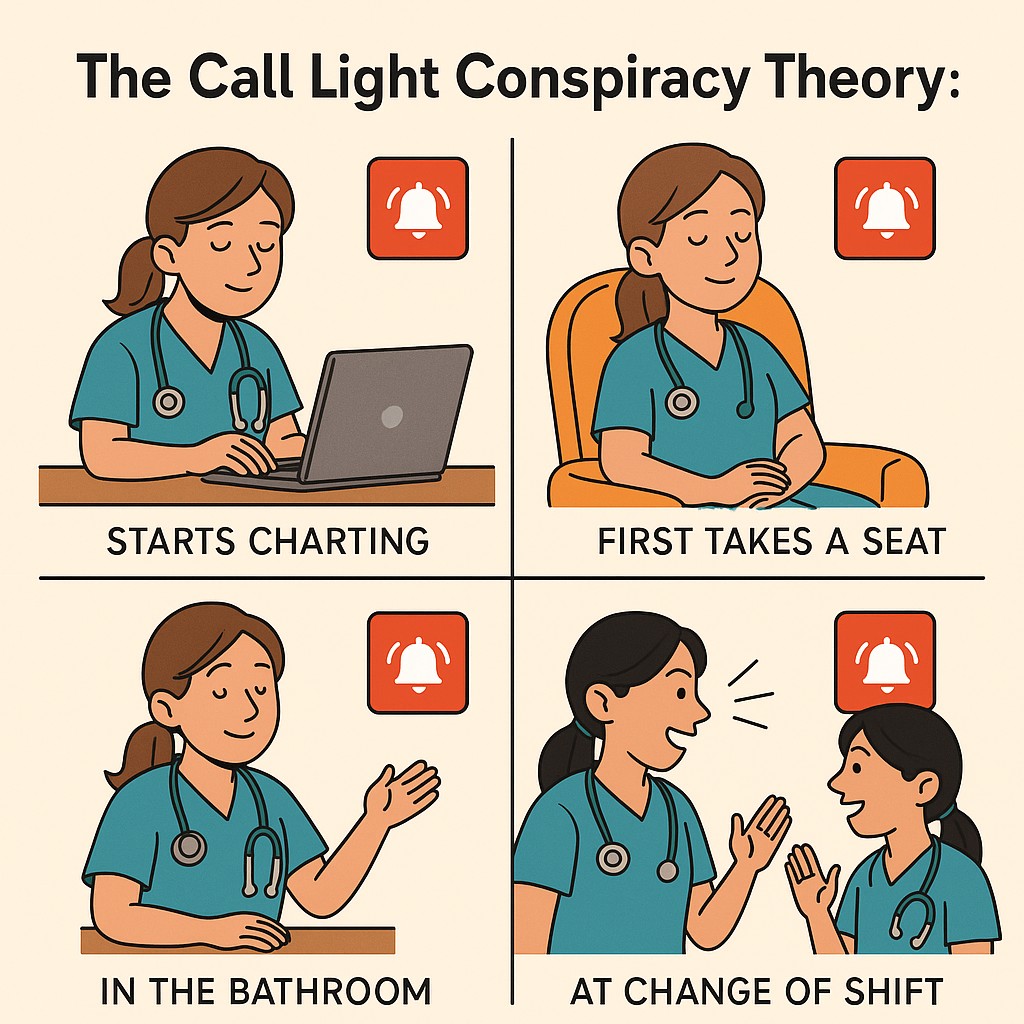 Cartoon illustration of nurses experiencing the “Call Light Conspiracy Theory,” showing call lights going off when charting, sitting down, in the bathroom, or during shift change.