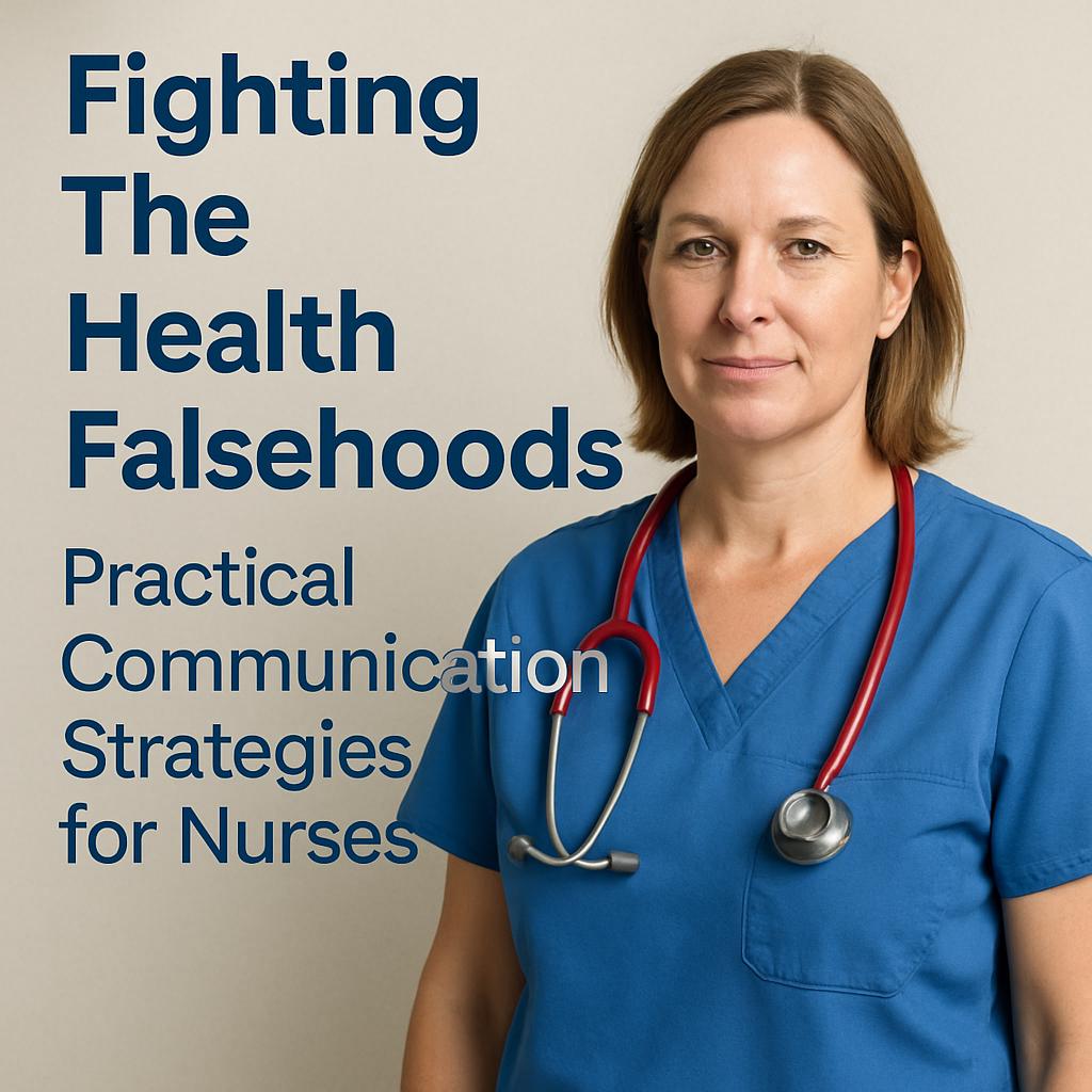A confident female nurse in blue scrubs with a red stethoscope stands against a neutral background, representing communication strategies in healthcare.