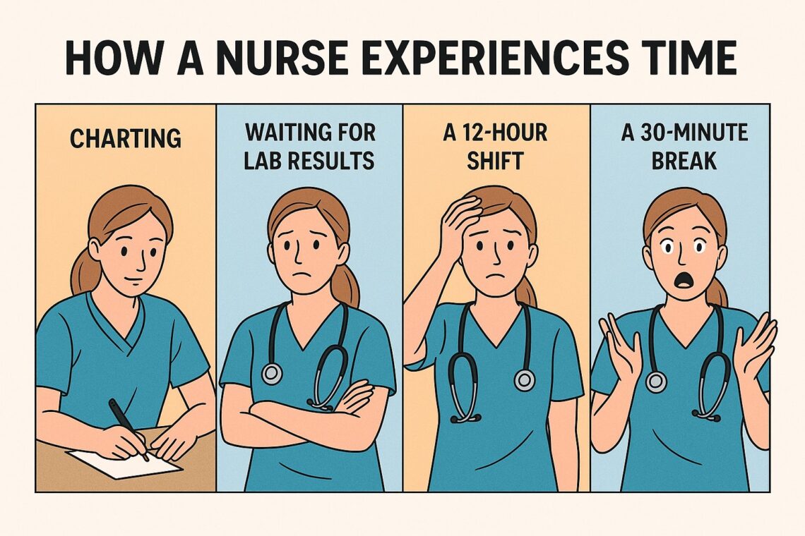 Cartoon illustration of a nurse in scrubs showing different emotions about time: charting, waiting for lab results, working a 12-hour shift, and taking a short break.