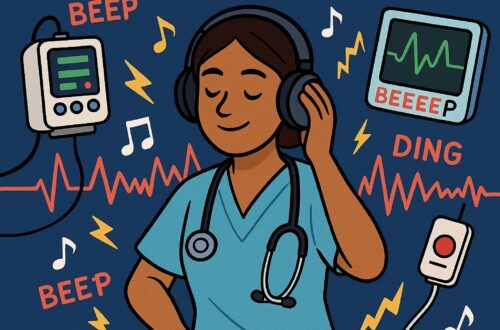 Cartoon-style illustration of a nurse in scrubs acting as a DJ, using a stethoscope as headphones, surrounded by IV pump beeps, call lights, and monitor alarms transformed into musical notes.