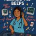 Cartoon-style illustration of a nurse in scrubs acting as a DJ, using a stethoscope as headphones, surrounded by IV pump beeps, call lights, and monitor alarms transformed into musical notes.