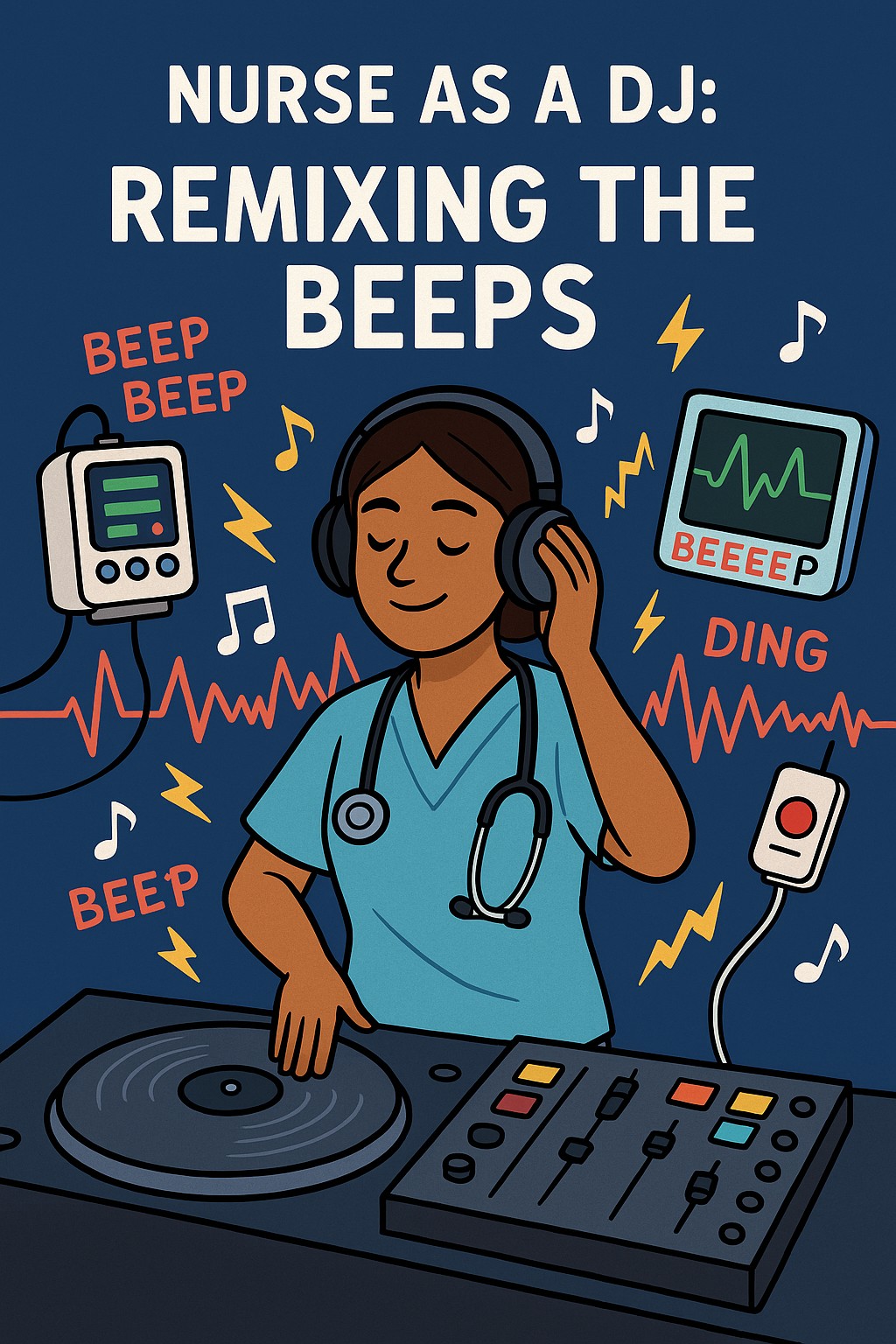 Cartoon-style illustration of a nurse in scrubs acting as a DJ, using a stethoscope as headphones, surrounded by IV pump beeps, call lights, and monitor alarms transformed into musical notes.