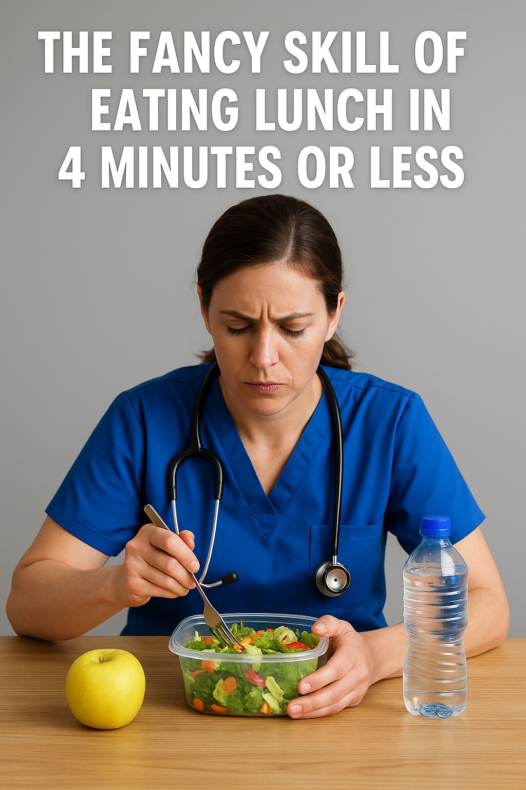 Nurse in blue scrubs eating a salad quickly during a short break, with an apple and water bottle on the table.