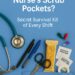 Flat lay of blue nurse scrubs with a stethoscope, pens, scissors, alcohol swabs, and a granola bar arranged to represent what’s inside a nurse’s scrub pockets.