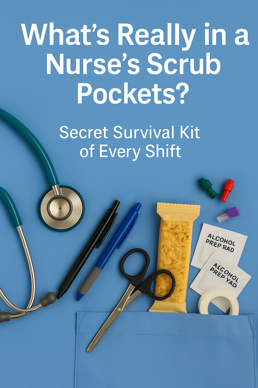 Flat lay of blue nurse scrubs with a stethoscope, pens, scissors, alcohol swabs, and a granola bar arranged to represent what’s inside a nurse’s scrub pockets.
