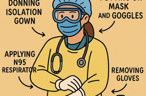 Cartoon illustration of a nurse in scrubs and full PPE, with arrows showing steps like donning an isolation gown, applying an N95 respirator, putting on goggles, and removing gloves.