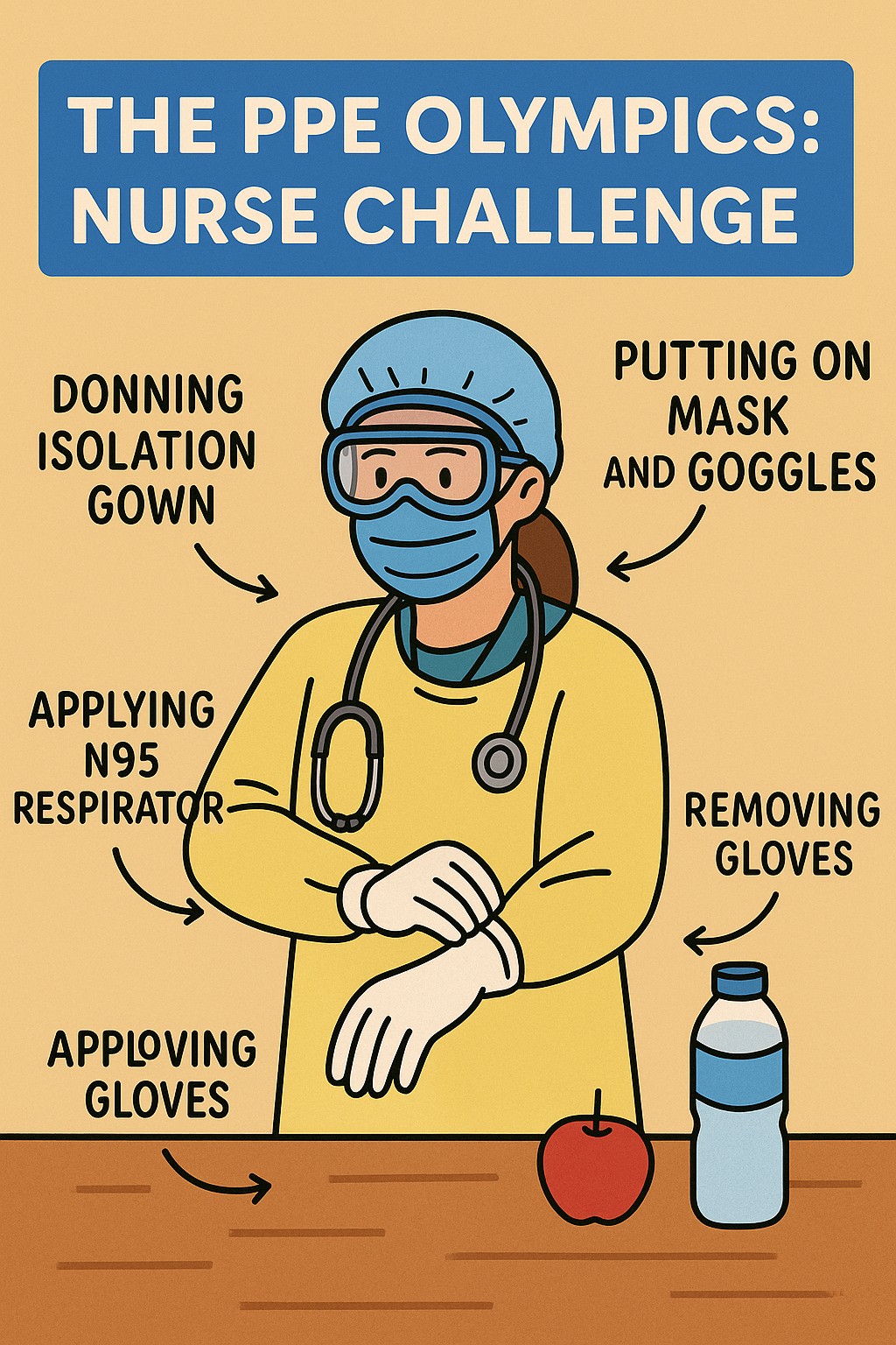 Cartoon illustration of a nurse in scrubs and full PPE, with arrows showing steps like donning an isolation gown, applying an N95 respirator, putting on goggles, and removing gloves.
