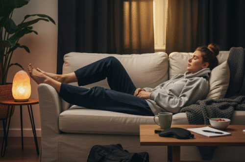 A nurse, looking exhausted, sleeps on a sofa in a dimly lit living room, with their work bag and white nursing clogs on the floor nearby.