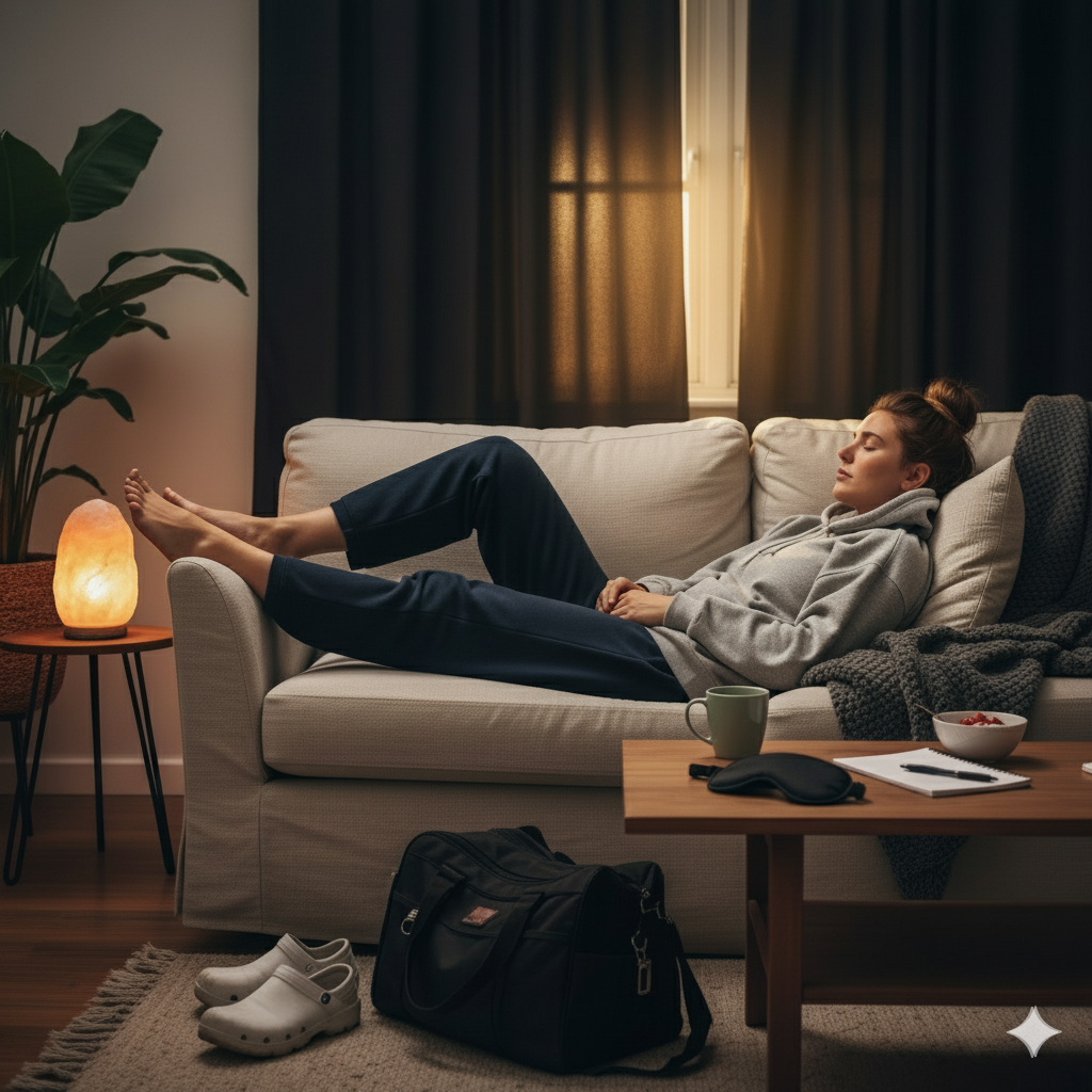 A nurse, looking exhausted, sleeps on a sofa in a dimly lit living room, with their work bag and white nursing clogs on the floor nearby.