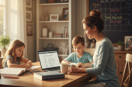 Nurse mom studying on laptop with two children doing homework at a kitchen table, showing a balanced and busy family life.