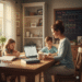 Nurse mom studying on laptop with two children doing homework at a kitchen table, showing a balanced and busy family life.