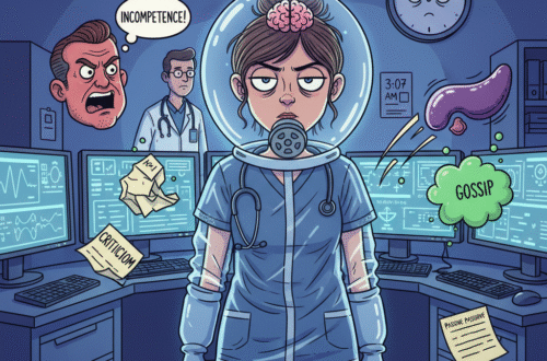 An illustration of an exhausted nurse at a hospital station wearing a 'bubble helmet' labeled 'Emotional PPE.' Around her, a yelling doctor, a flying spleen, and notes labeled 'criticism' and 'gossip' bounce harmlessly off her protective bubble.