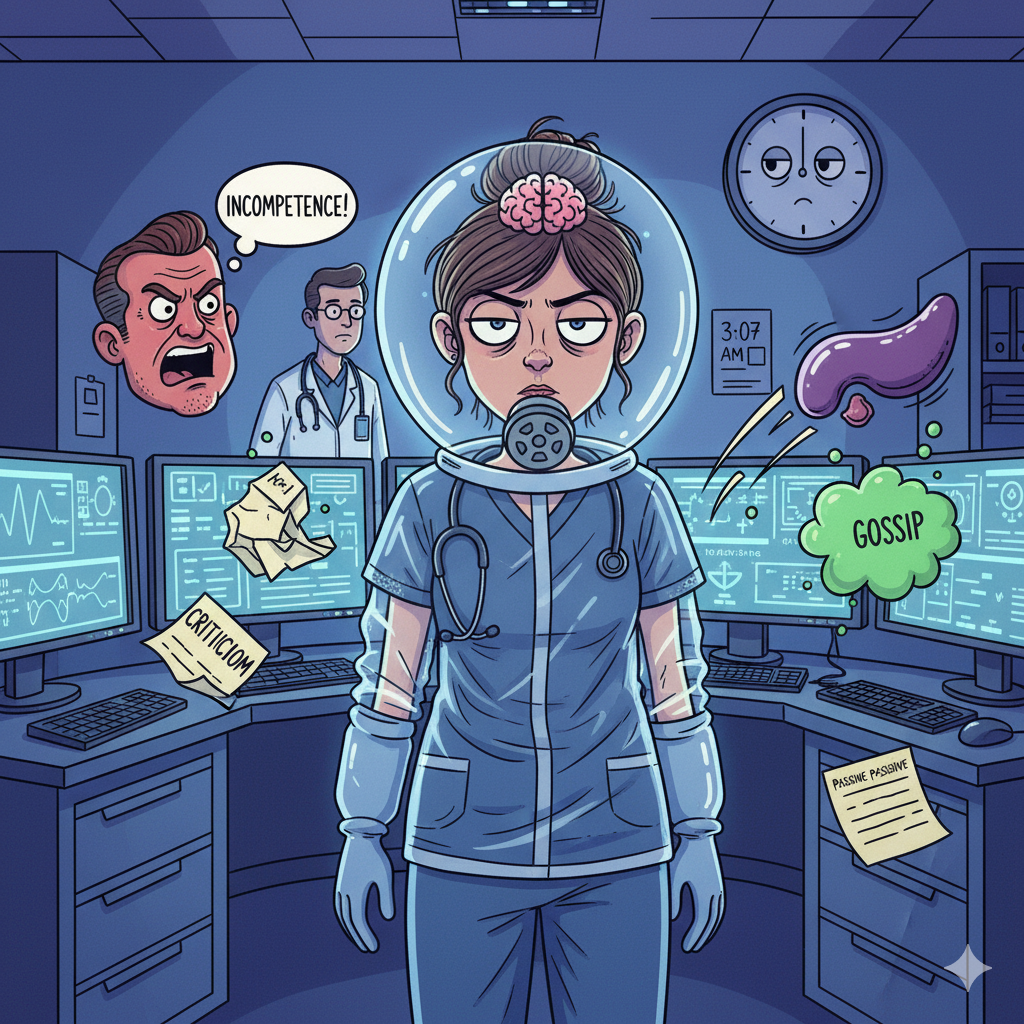 An illustration of an exhausted nurse at a hospital station wearing a 'bubble helmet' labeled 'Emotional PPE.' Around her, a yelling doctor, a flying spleen, and notes labeled 'criticism' and 'gossip' bounce harmlessly off her protective bubble.