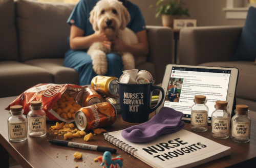 A cluttered coffee table featuring a "Nurse’s Survival Kit" mug filled with espresso pods, a notebook titled "Nurse Thoughts," medical-themed glass jars with humorous labels like "Sanity Pills," empty soda cans, and snacks. In the blurred background, a woman in blue scrubs sits on a couch smiling and hugging a cream-colored Goldendoodle.