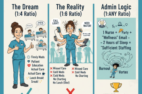 A humorous three-panel infographic titled "Nurse Math" comparing different staffing ratios. The first panel shows a calm nurse with 4 patients; the second shows a frazzled, multi-armed nurse with 6 patients; the third shows a "Burnout Vortex" created by administrative logic involving pizza parties and wellness emails.