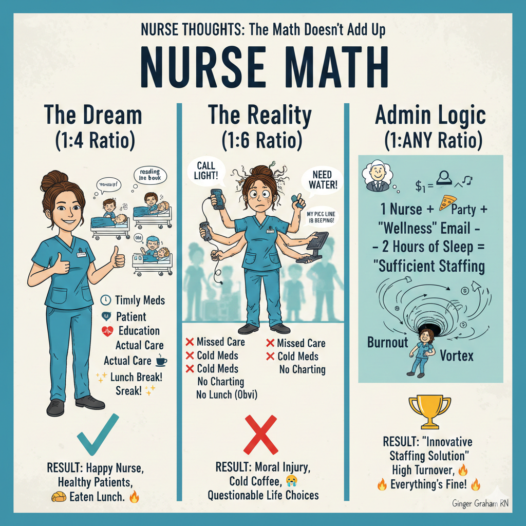 A humorous three-panel infographic titled "Nurse Math" comparing different staffing ratios. The first panel shows a calm nurse with 4 patients; the second shows a frazzled, multi-armed nurse with 6 patients; the third shows a "Burnout Vortex" created by administrative logic involving pizza parties and wellness emails.